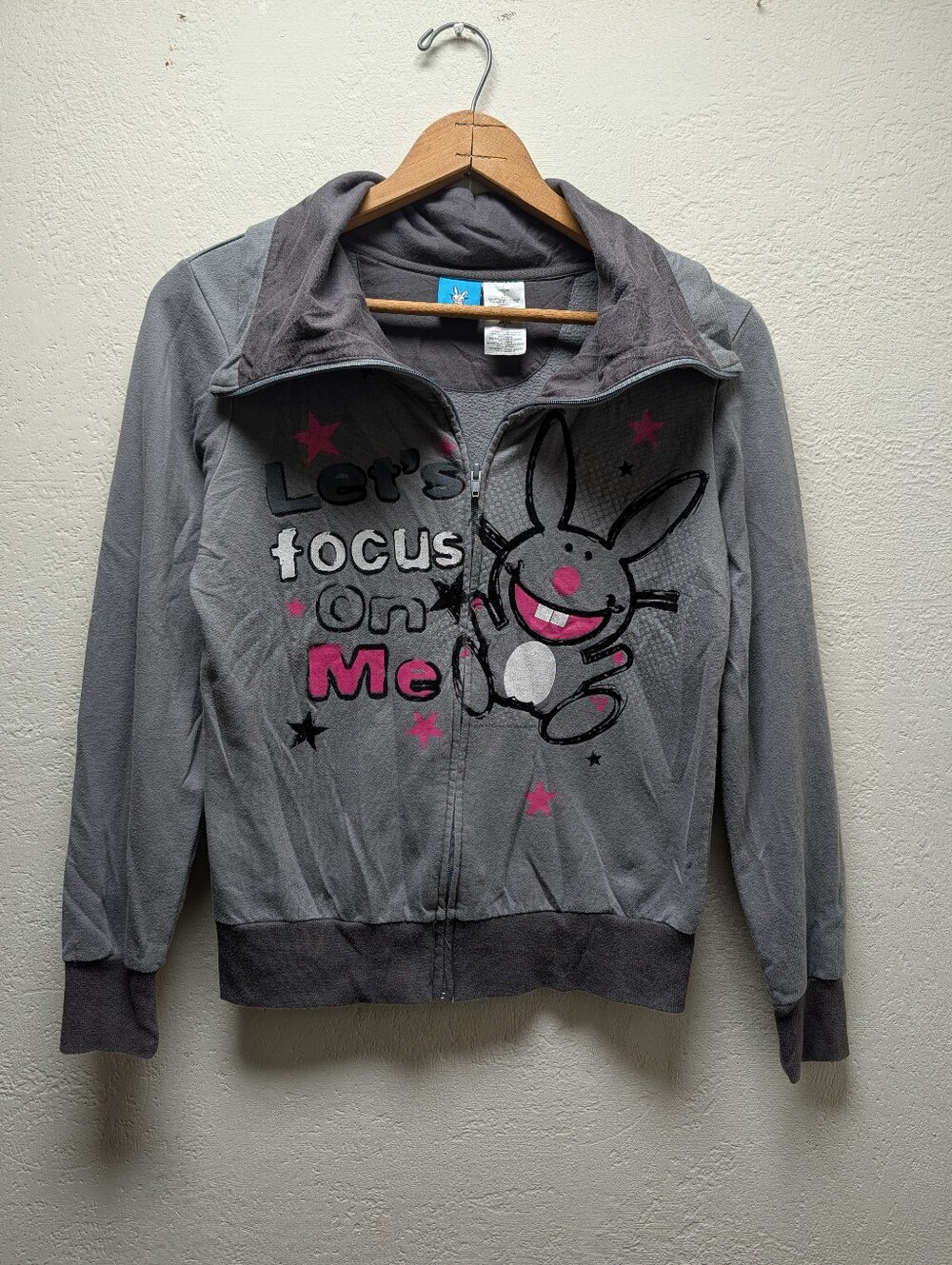 Vtg Y2K Jim Benton It's Happy Bunny Zip Up Jacket Gray Let's Focus On Me M 7/9